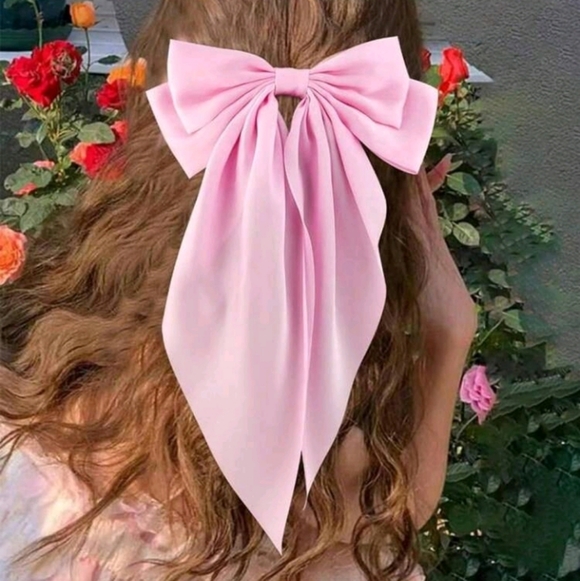 Chic Pastel Pink Large Satin Hair Bow Clip Accessory - Picture 3 of 6